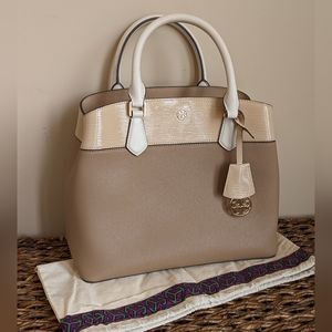 Tory Burch Robinson Color-block Triple Compartment Tote in Almond/Natural